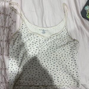 Brandy Melville Cream Lace Trim Floral Cami Tank Top Blue Print Size S